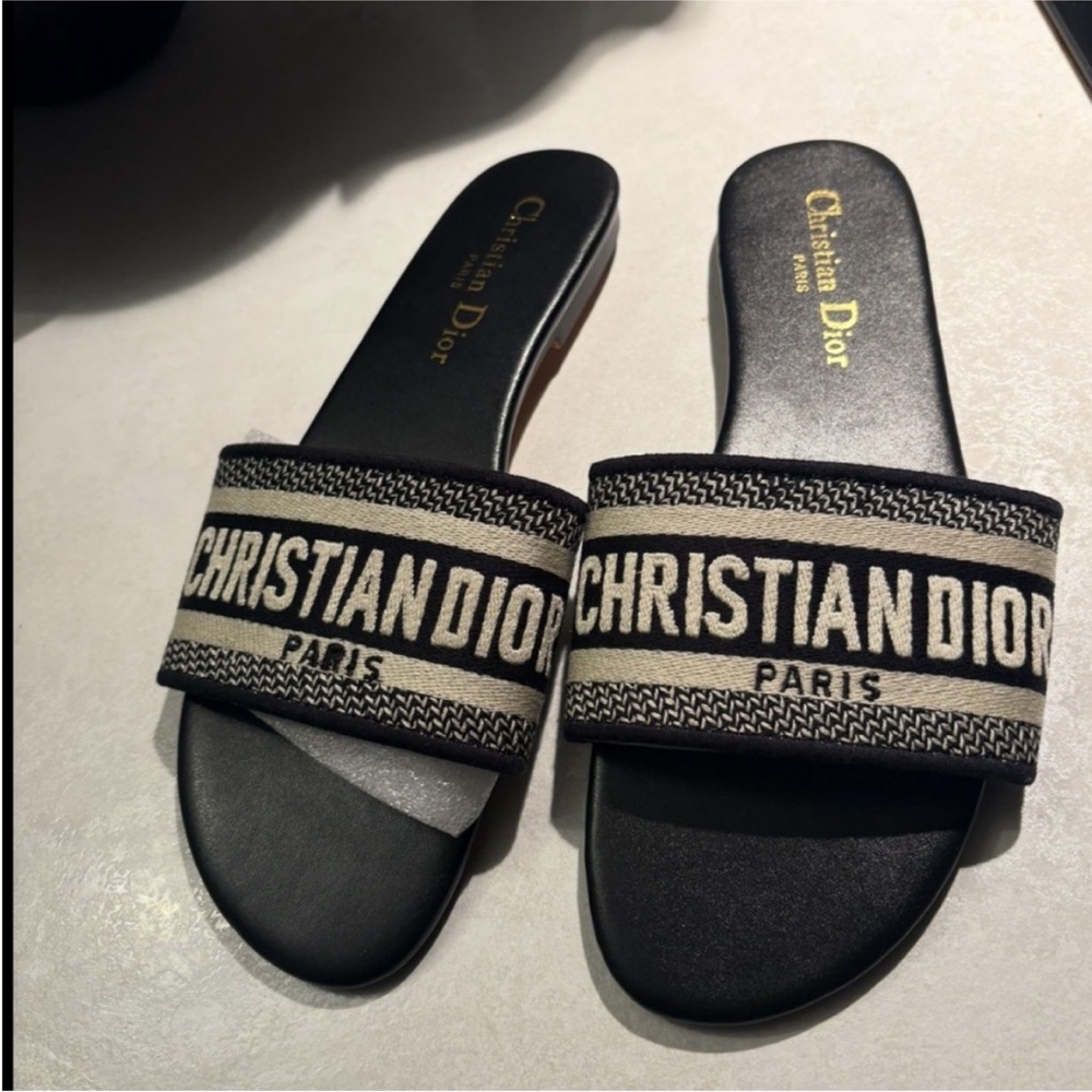 Dior Black and White Christian Dior Logo Slide Sandals
